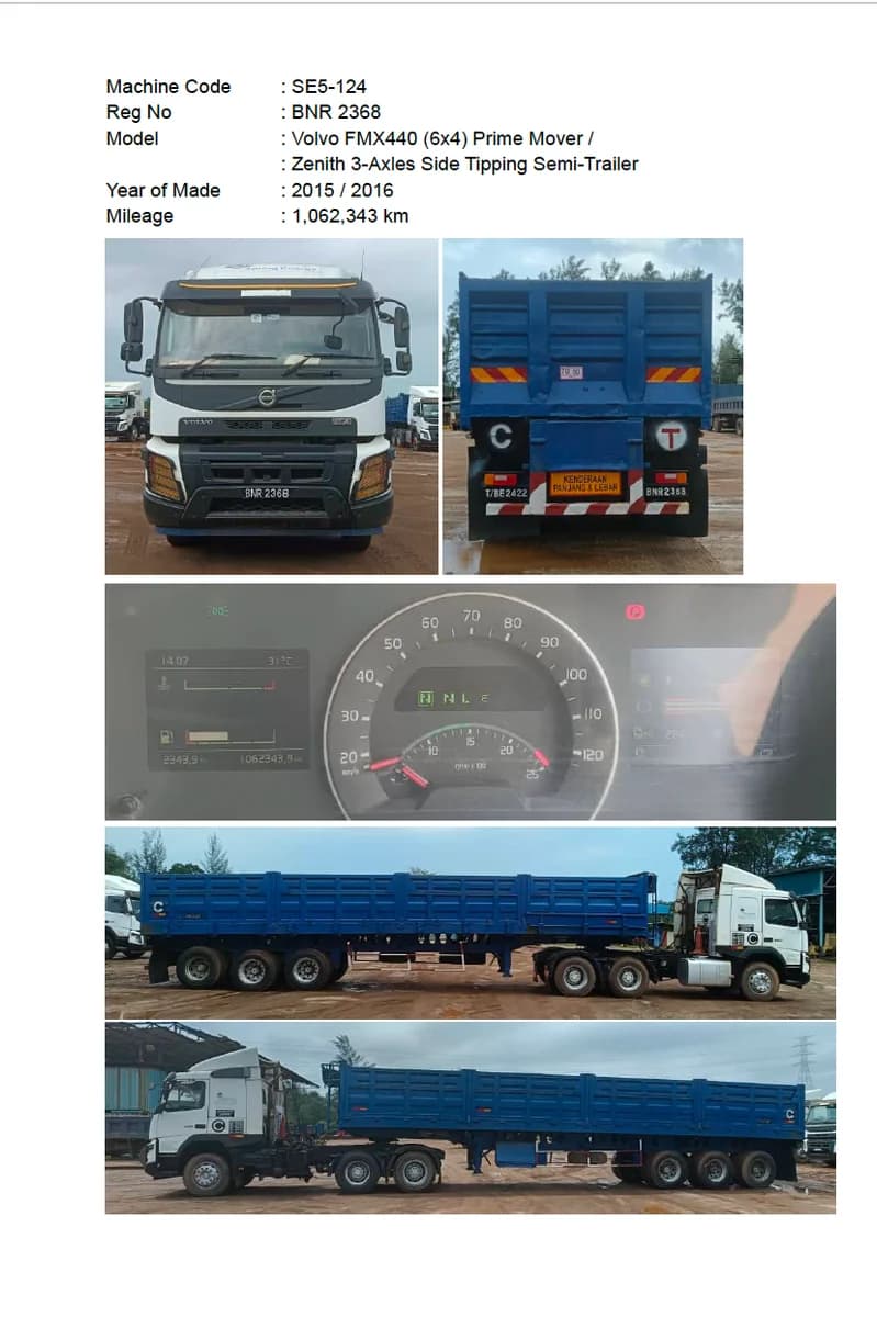 Volvo | Prime Mover | FMX440 (6x4) | 2016 | used | SE5-124 - 132 (9 units) + Zenith | 3-Axles Side Tipping Semi-Trailer | 2016 | Used - Image 5