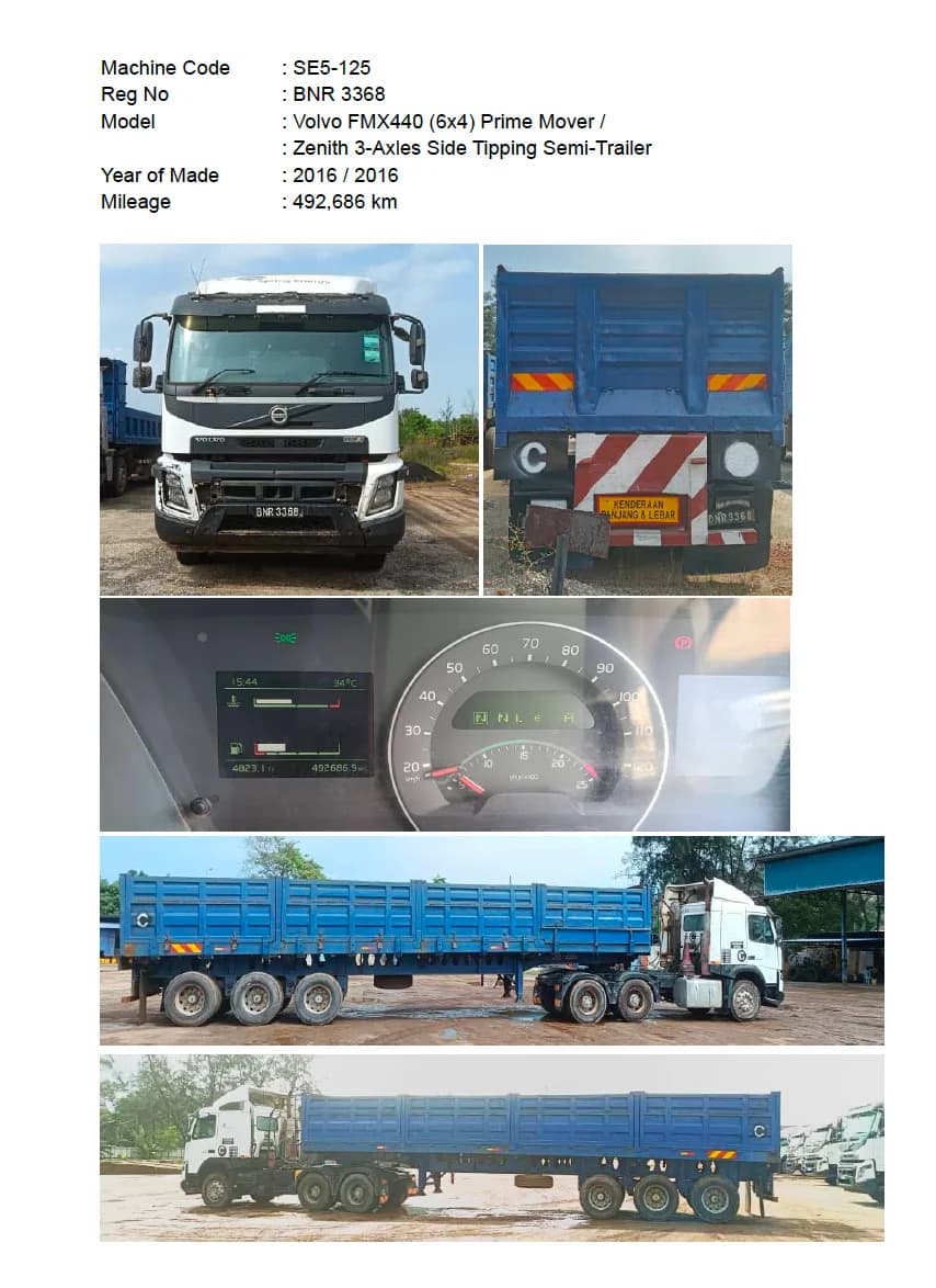 Volvo | Prime Mover | FMX440 (6x4) | 2016 | used | SE5-124 - 132 (9 units) + Zenith | 3-Axles Side Tipping Semi-Trailer | 2016 | Used - Image 6