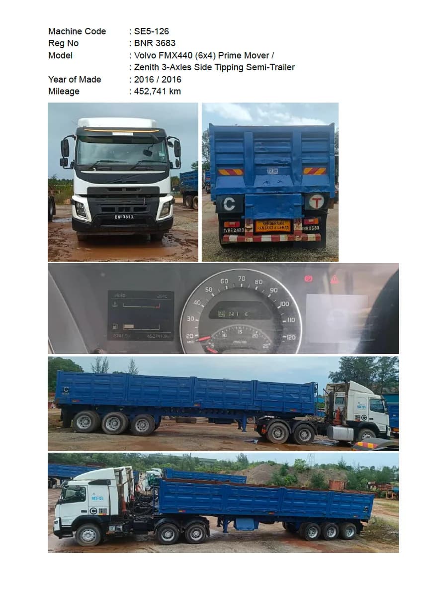 Volvo | Prime Mover | FMX440 (6x4) | 2016 | used | SE5-124 - 132 (9 units) + Zenith | 3-Axles Side Tipping Semi-Trailer | 2016 | Used