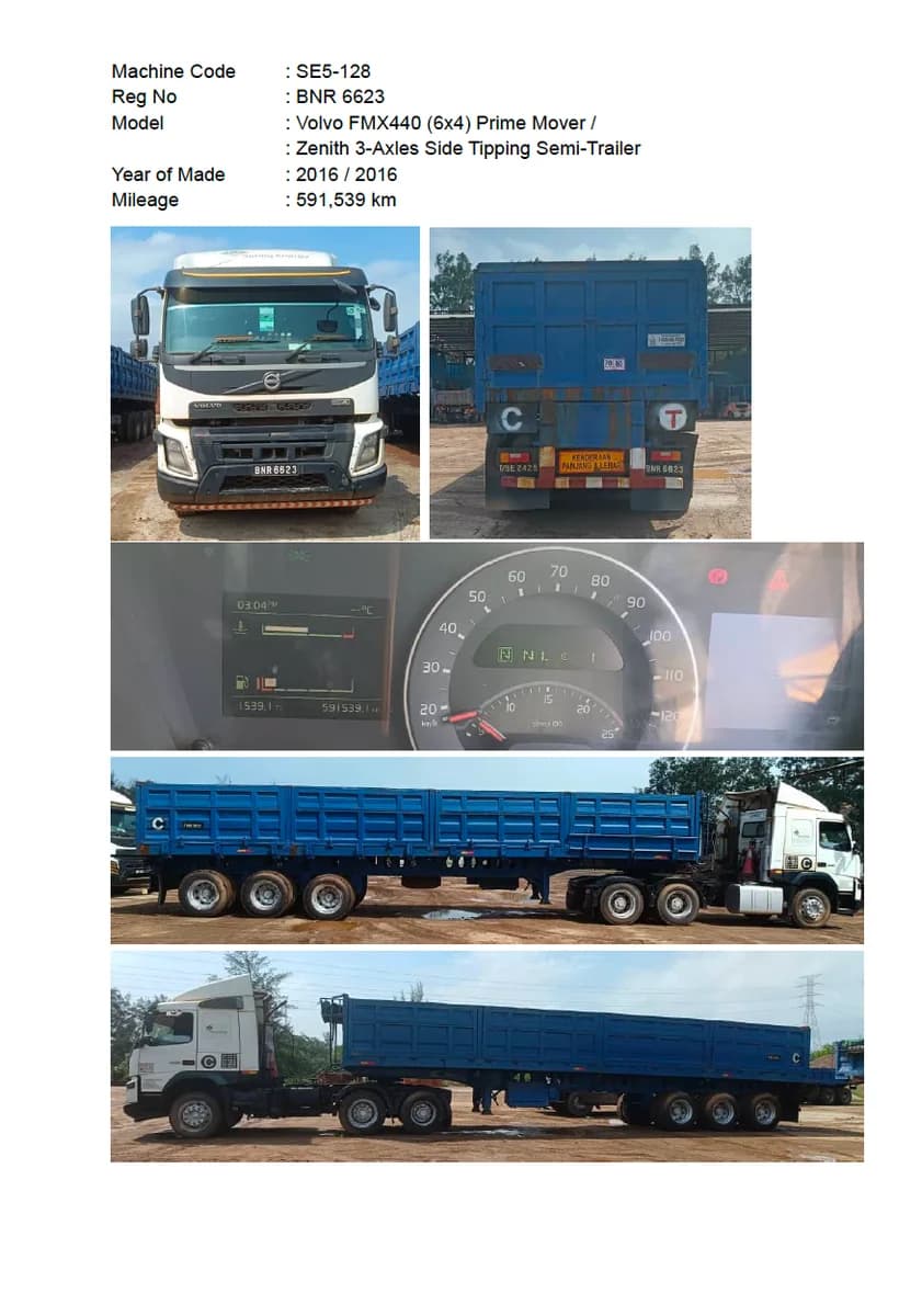 Volvo | Prime Mover | FMX440 (6x4) | 2016 | used | SE5-124 - 132 (9 units) + Zenith | 3-Axles Side Tipping Semi-Trailer | 2016 | Used - Image 9