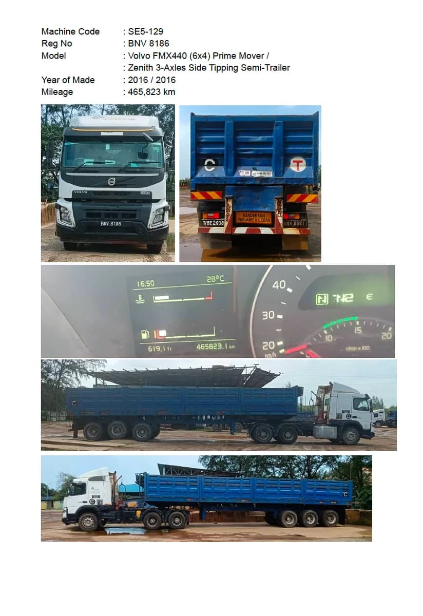 Volvo | Prime Mover | FMX440 (6x4) | 2016 | used | SE5-124 - 132 (9 units) + Zenith | 3-Axles Side Tipping Semi-Trailer | 2016 | Used - Image 10