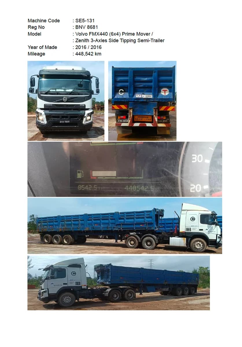 Volvo | Prime Mover | FMX440 (6x4) | 2016 | used | SE5-124 - 132 (9 units) + Zenith | 3-Axles Side Tipping Semi-Trailer | 2016 | Used - Image 12